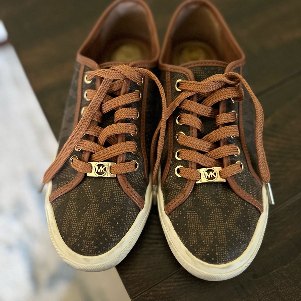 Michael Kors Brown & Gold Signature MK Logo Leather Tennis Sneakers Size 8